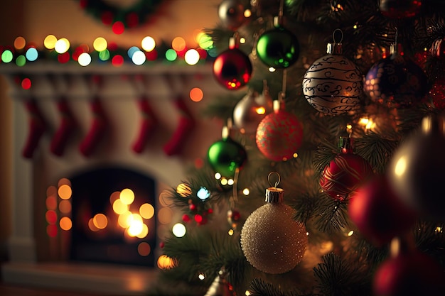 明るい背景をぼかし、クリスマス ツリーにカラフルなクリスマス ボールをクローズ アップ