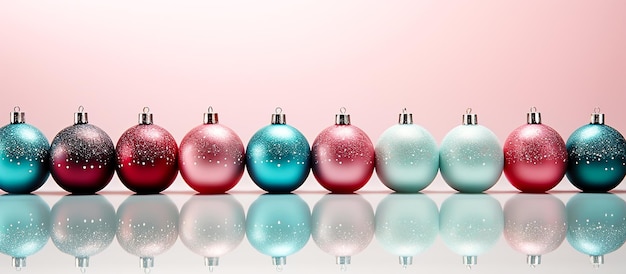 Colorful christmas balls border on pink background