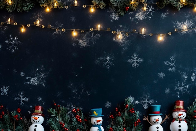 겨우살이 눈사람과 작은 램프가 있는 화려한 크리스마스 테두리 텀블러 해군 배경