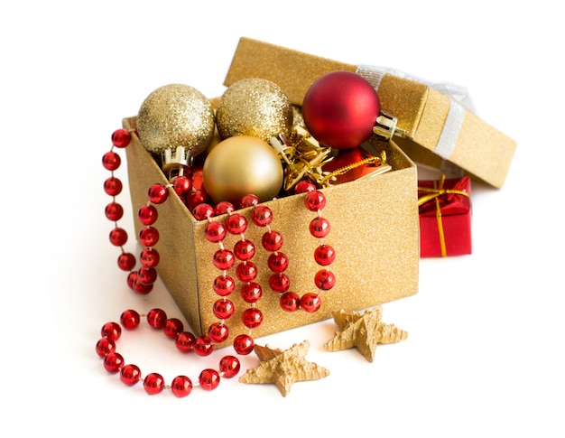Colorful Christmas decorations in a gift box