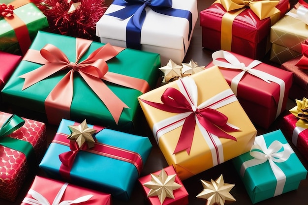 Colorful Christmas Gifts with Paper and Ribbons