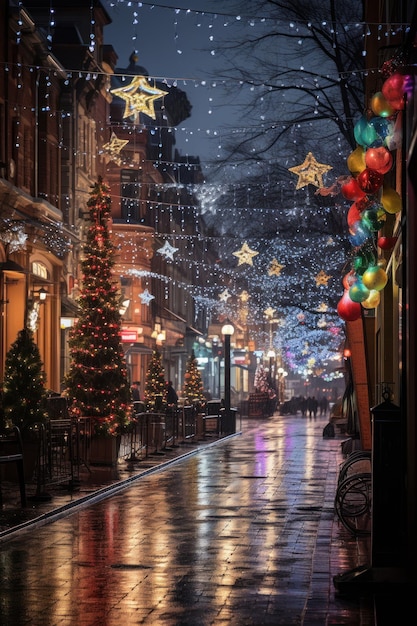 Colorful Christmas lights and decorations on a city street