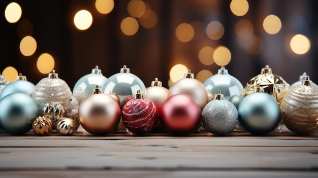 Colorful Christmas paraphernalia on a wooden background on the table