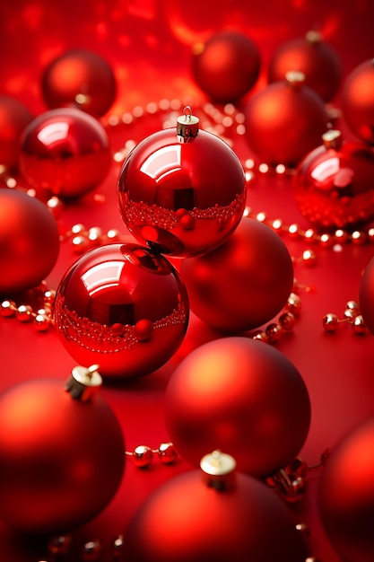 テーブルの上に赤い背景のカラフルなクリスマス赤いボール