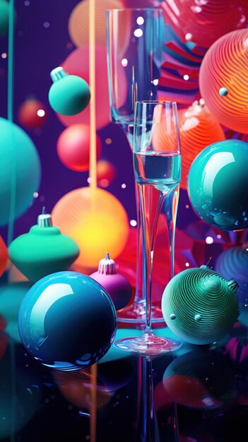 A colorful christmas scene with a glass of champagne ai