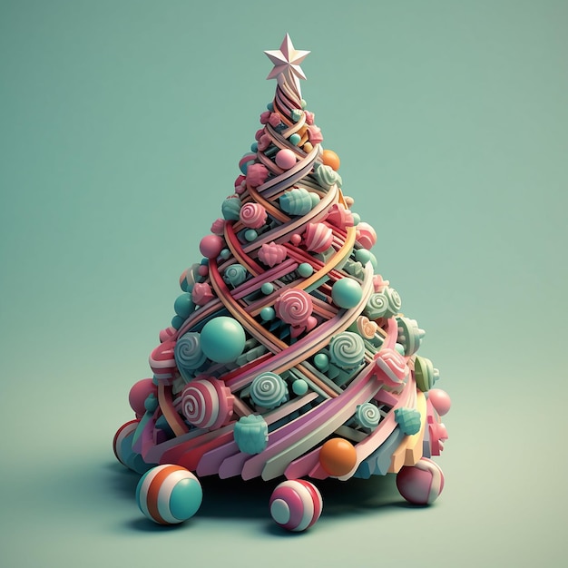 A colorful christmas tree made of balls and a star on a blue background.