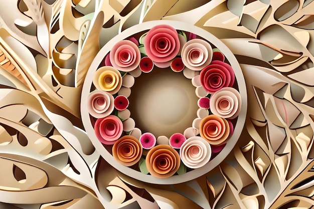 色とりどりの花の輪が紙の輪で囲まれています。