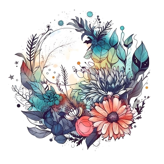 A colorful circle of flowers with a moon in the background.