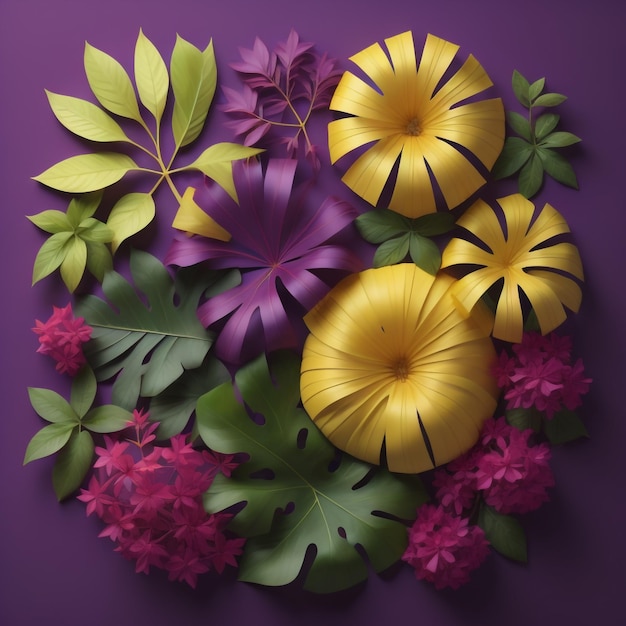 A colorful circle of flowers with a purple background with a yellow flower.