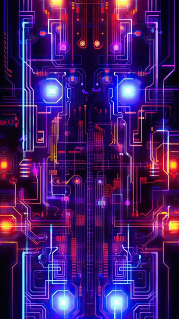 A colorful circuit board with many lights