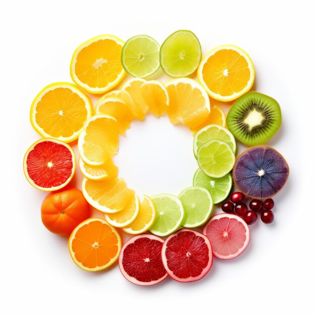 Photo colorful circular array of freshly sliced fruits