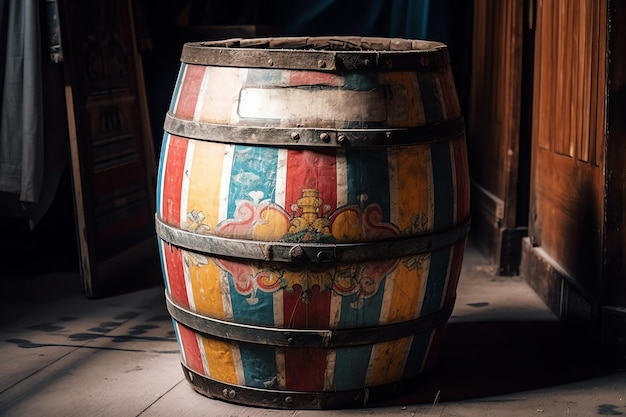 A colorful circus barrel