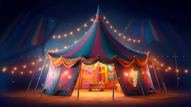 Красочный цирковой шатер с огнями и лампами Generative AI