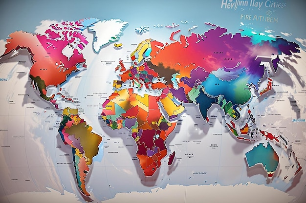 Photo colorful cities and countries on map