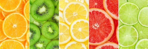 カラフルな柑橘系の果物のスライスのコラージュ上面図のクローズアップ