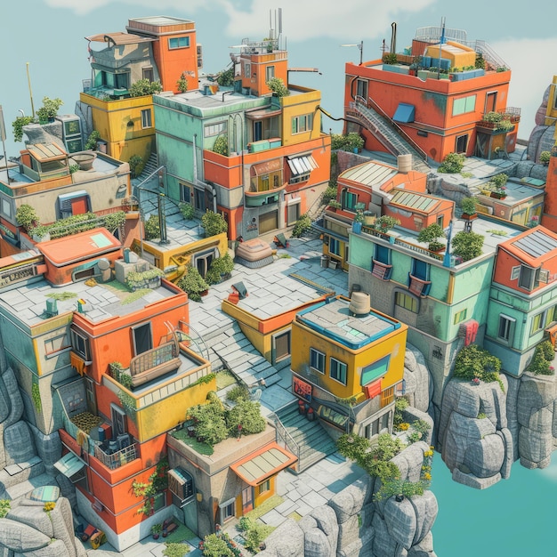 Photo a colorful city built on a floating rock