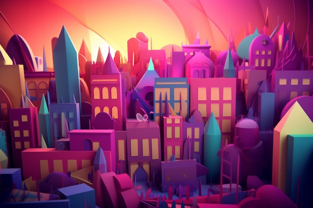 A colorful city scene with a blue and orange background.