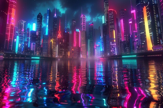 a colorful city skyline with a reflection of a city in the water