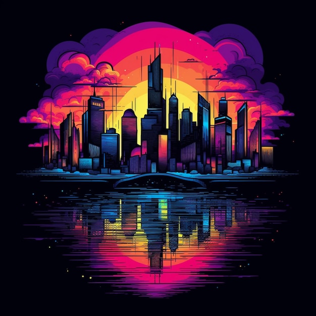 A colorful city skyline with a sunset reflecting in the water generative ai