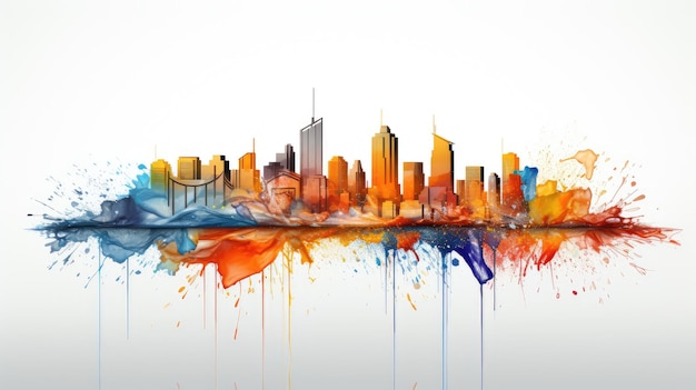 a colorful city skyline with watercolor splashes