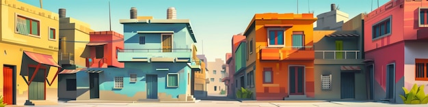 a colorful city with a colorful building and a blue house