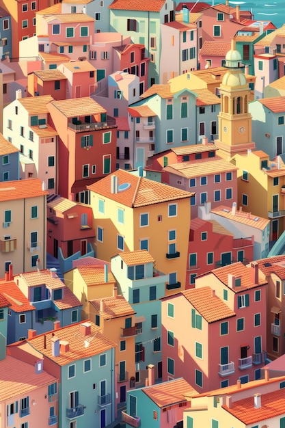 a colorful city with a lot of houses and a church