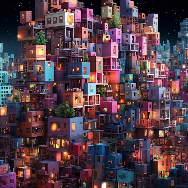 a colorful city with a night sky and a city in the background