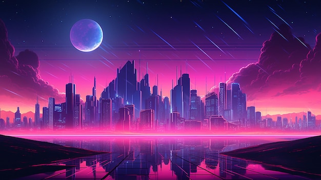 a colorful city with a purple moon and stars.