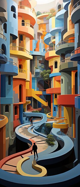 a colorful city with a winding path and a winding path