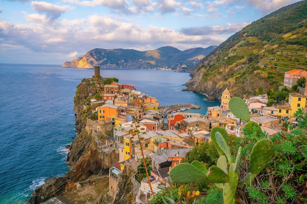 Colorful cityscape of buildings over Mediterranean sea Europe Cinque Terre in Italy