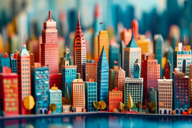 Colorful cityscape made out of Legos with skyscrapers and body of water