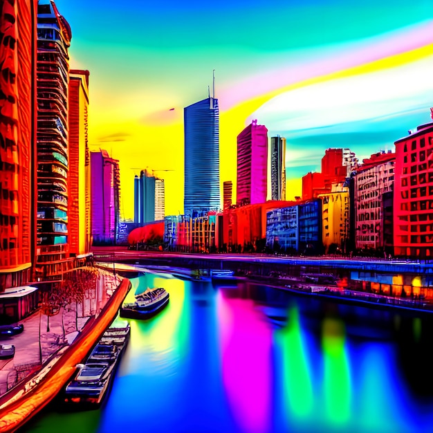 다채로운 도시 풍경 사진 그림 수채 배경