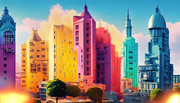 A colorful cityscape with a building