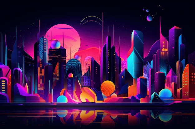 A colorful cityscape with a city in the background.