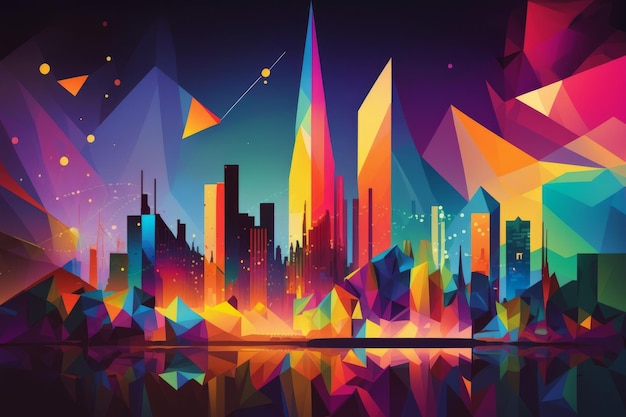 A colorful cityscape with a cityscape in the background