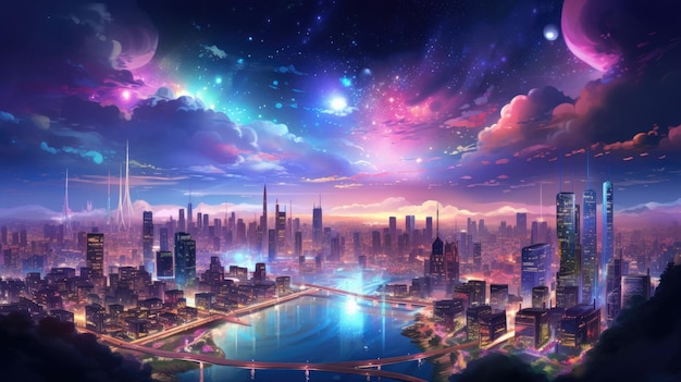 a colorful cityscape with a colorful sky and a city in the background.