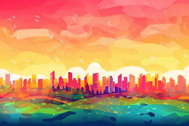 Colorful cityscape with a colorful sunset in the background.