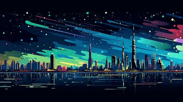 A colorful cityscape with a dark blue and yellow background.