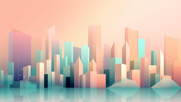 A colorful cityscape with a pink background.