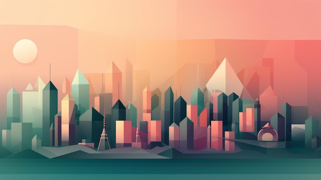 A colorful cityscape with a pink and orange background.