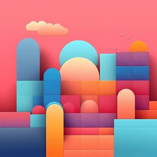 A colorful cityscape with a pink sky and clouds generative ai