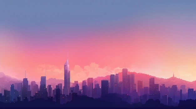 a colorful cityscape with a pink sunset in the background.