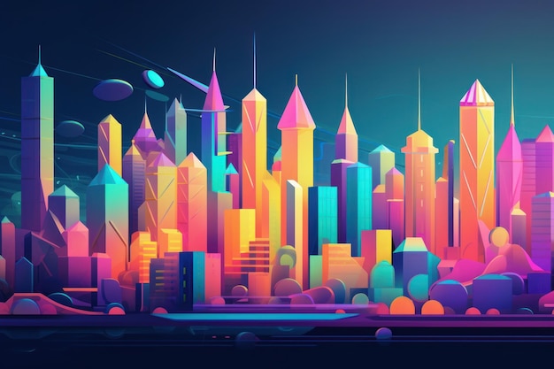 A colorful cityscape with a planet in the middle.