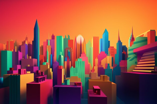 A colorful cityscape with a red and orange background.
