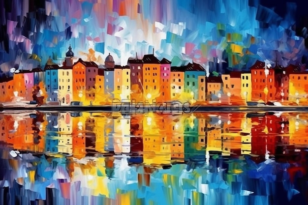 Colorful cityscape with a reflection of the city.