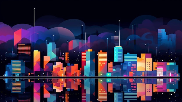 A colorful cityscape with a reflection of a cityscape.
