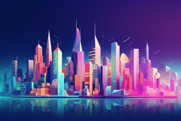 A colorful cityscape with a reflection of a cityscape.