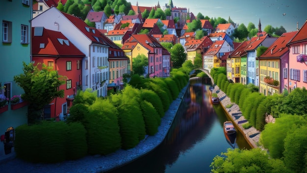 Photo a colorful cityscape with a river and houses.