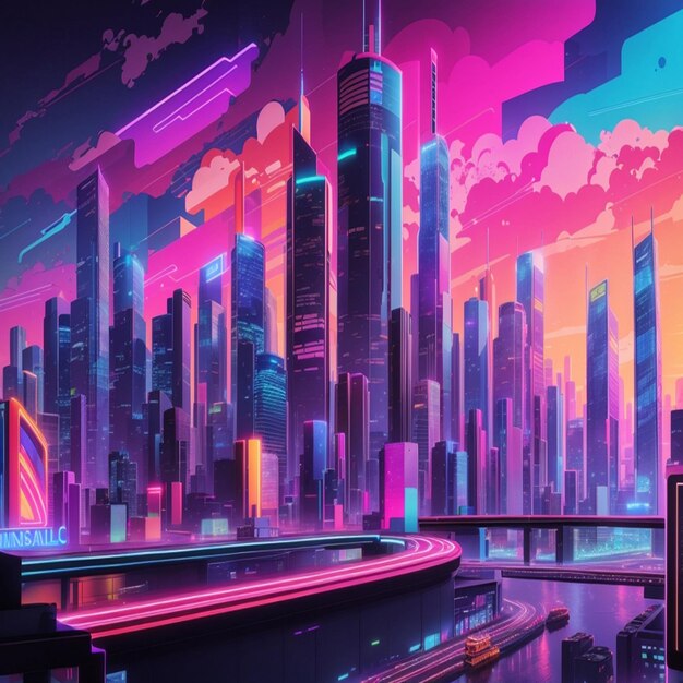 A colorful cityscape with skyscrapers and neon