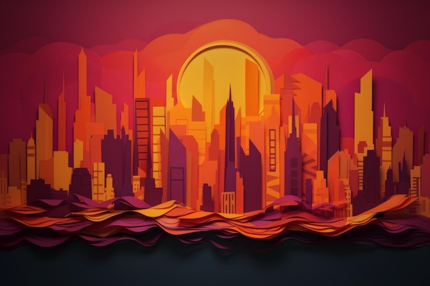 A colorful cityscape with a sun setting behind it.